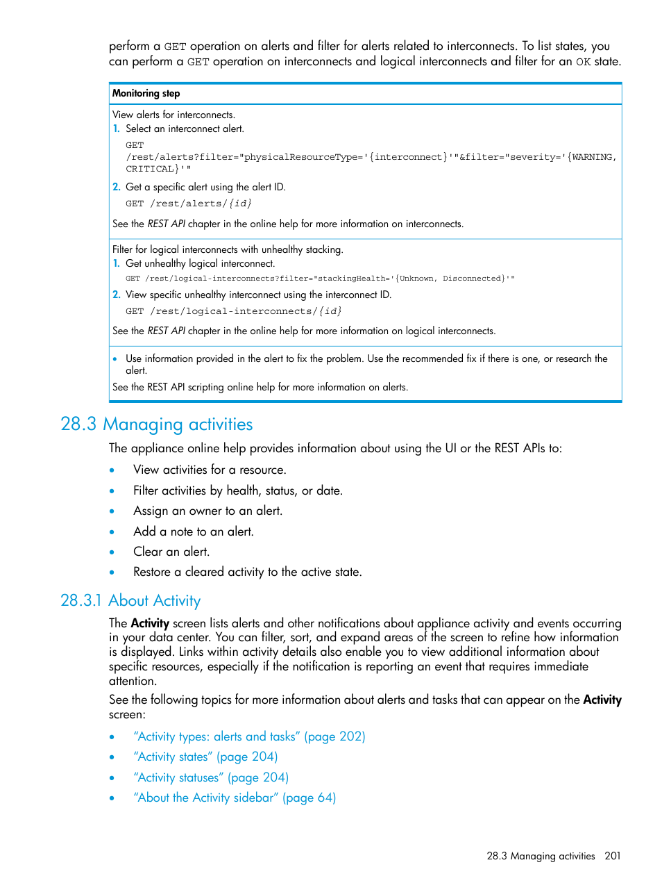 3 managing activities, 1 about activity, Filter activities | About | HP OneView User Manual | Page 201 / 344