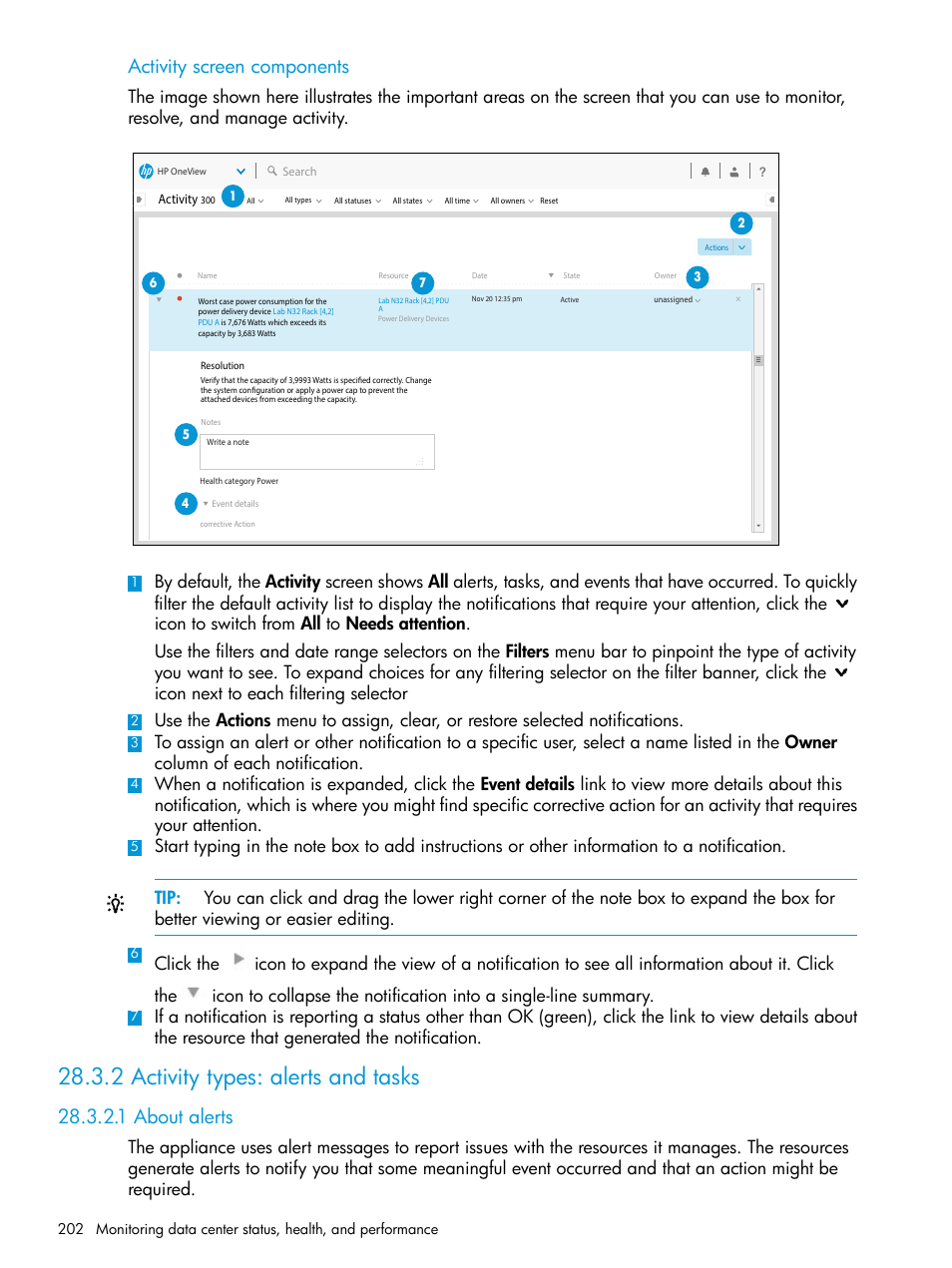 2 activity types: alerts and tasks, 1 about alerts, Activity screen components | HP OneView User Manual | Page 202 / 344