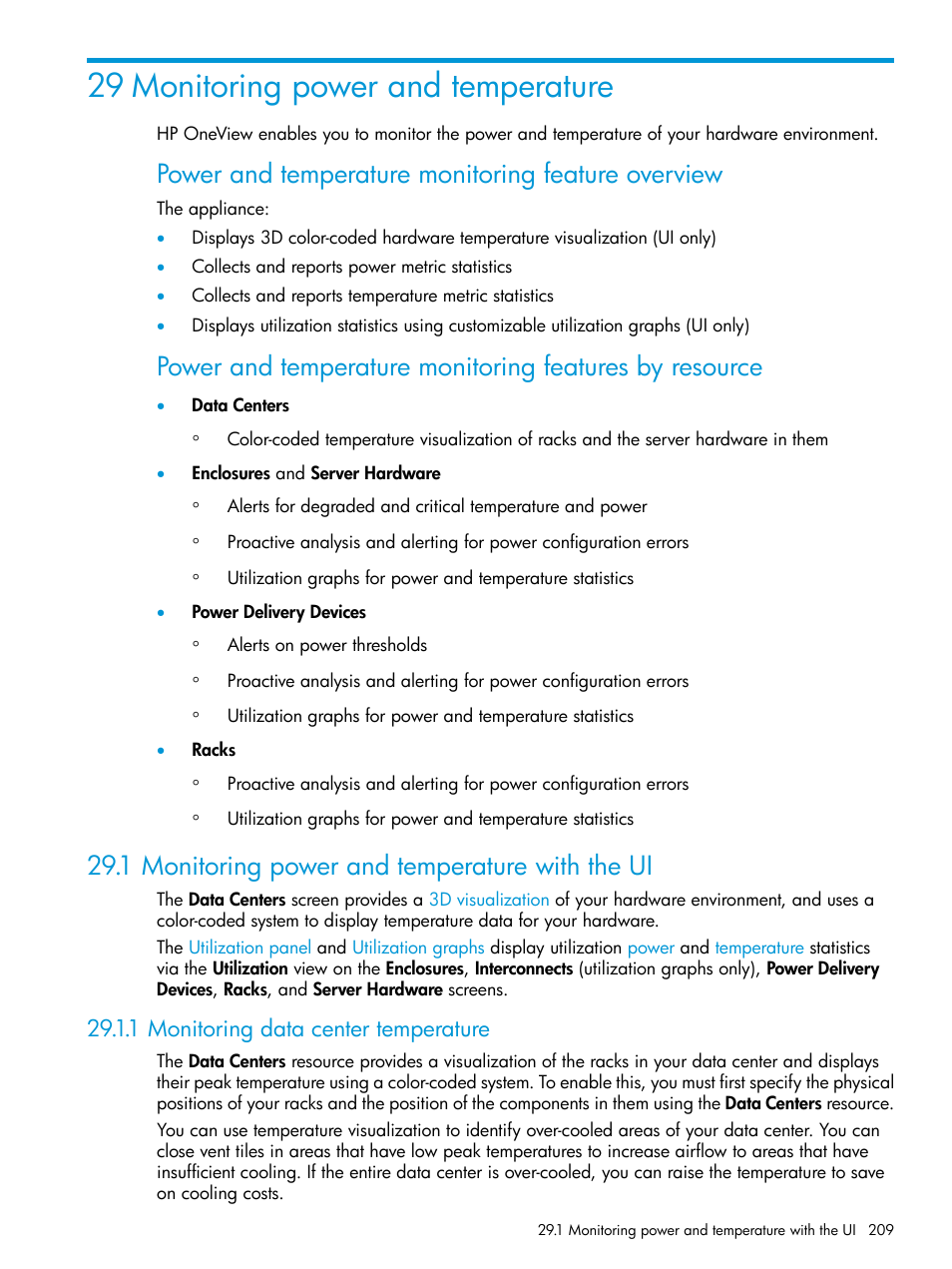 29 monitoring power and temperature, 1 monitoring power and temperature with the ui, 1 monitoring data center temperature | Power and temperature monitoring feature overview | HP OneView User Manual | Page 209 / 344