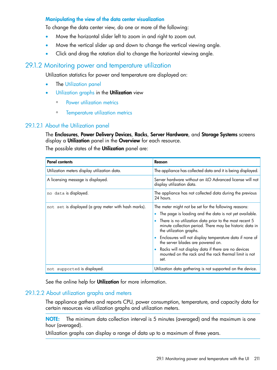 2 monitoring power and temperature utilization, 1 about the utilization panel, 2 about utilization graphs and meters | Utilization panel, Utilization graphs | HP OneView User Manual | Page 211 / 344