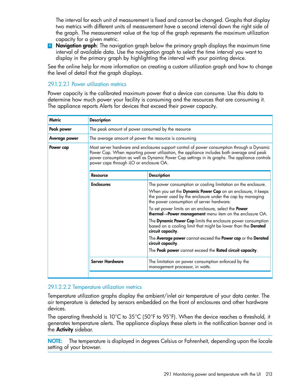 1 power utilization metrics, 2 temperature utilization metrics, Power | Temperature, Power utilization metrics, Temperature utilization metrics | HP OneView User Manual | Page 213 / 344