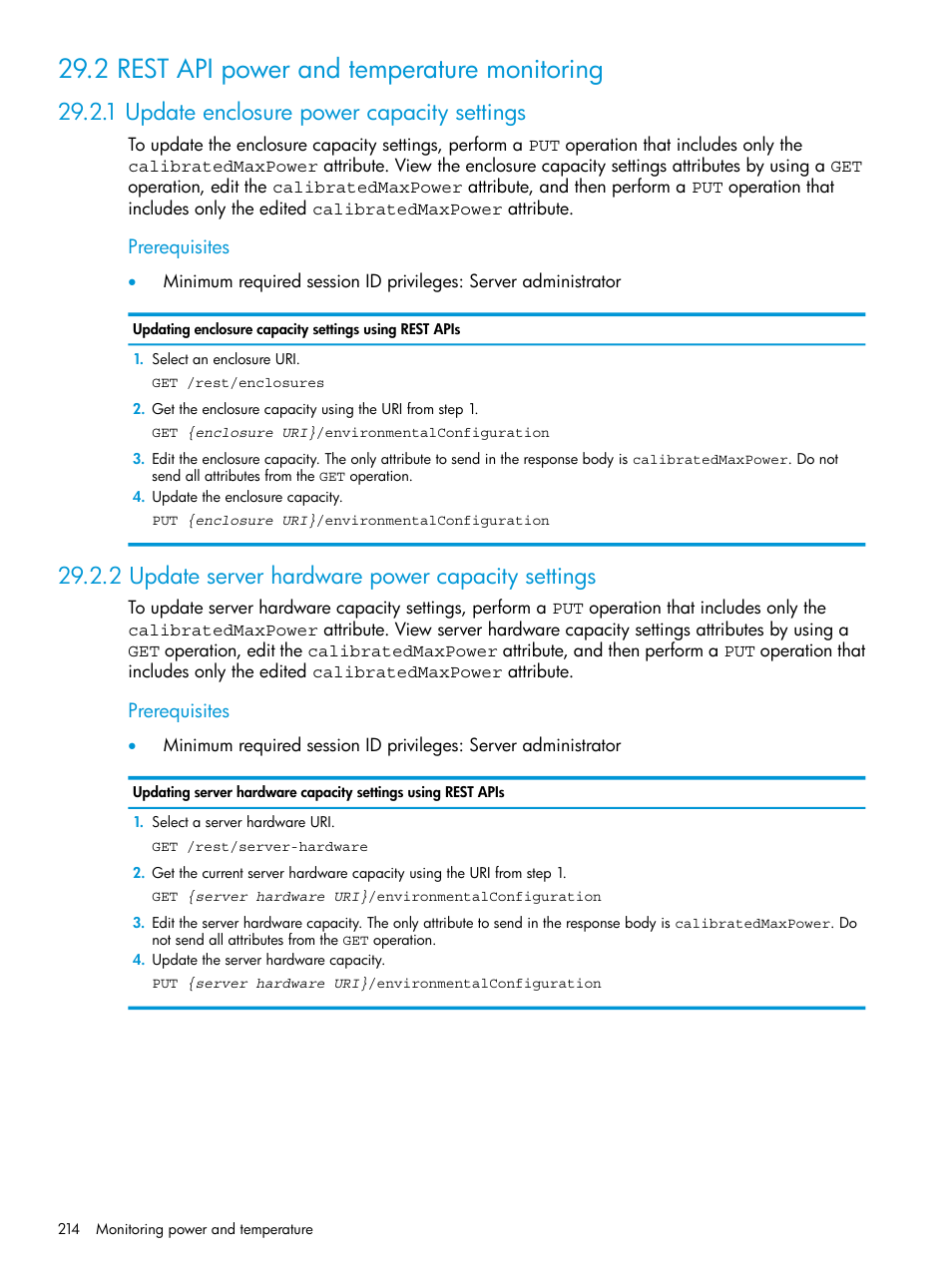 2 rest api power and temperature monitoring, 1 update enclosure power capacity settings, 2 update server hardware power capacity settings | HP OneView User Manual | Page 214 / 344
