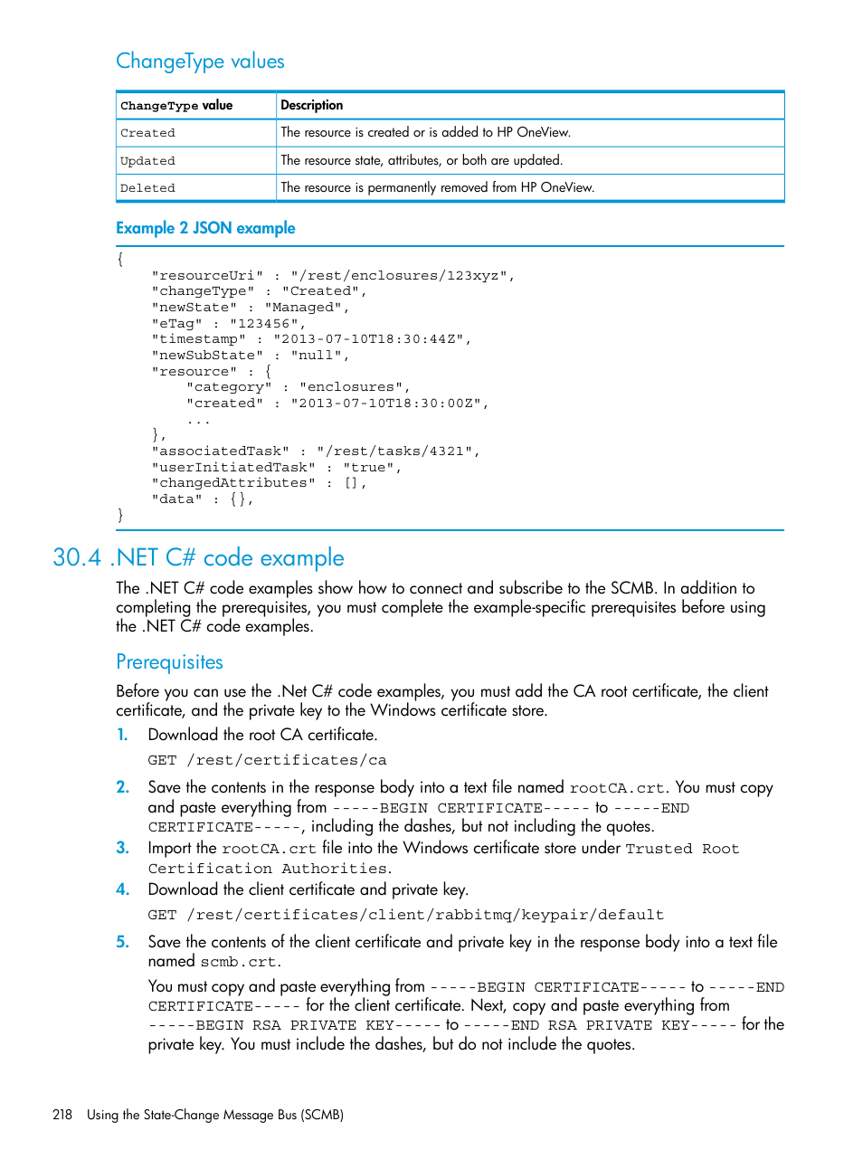 4 .net c# code example, Changetype values, Prerequisites | HP OneView User Manual | Page 218 / 344