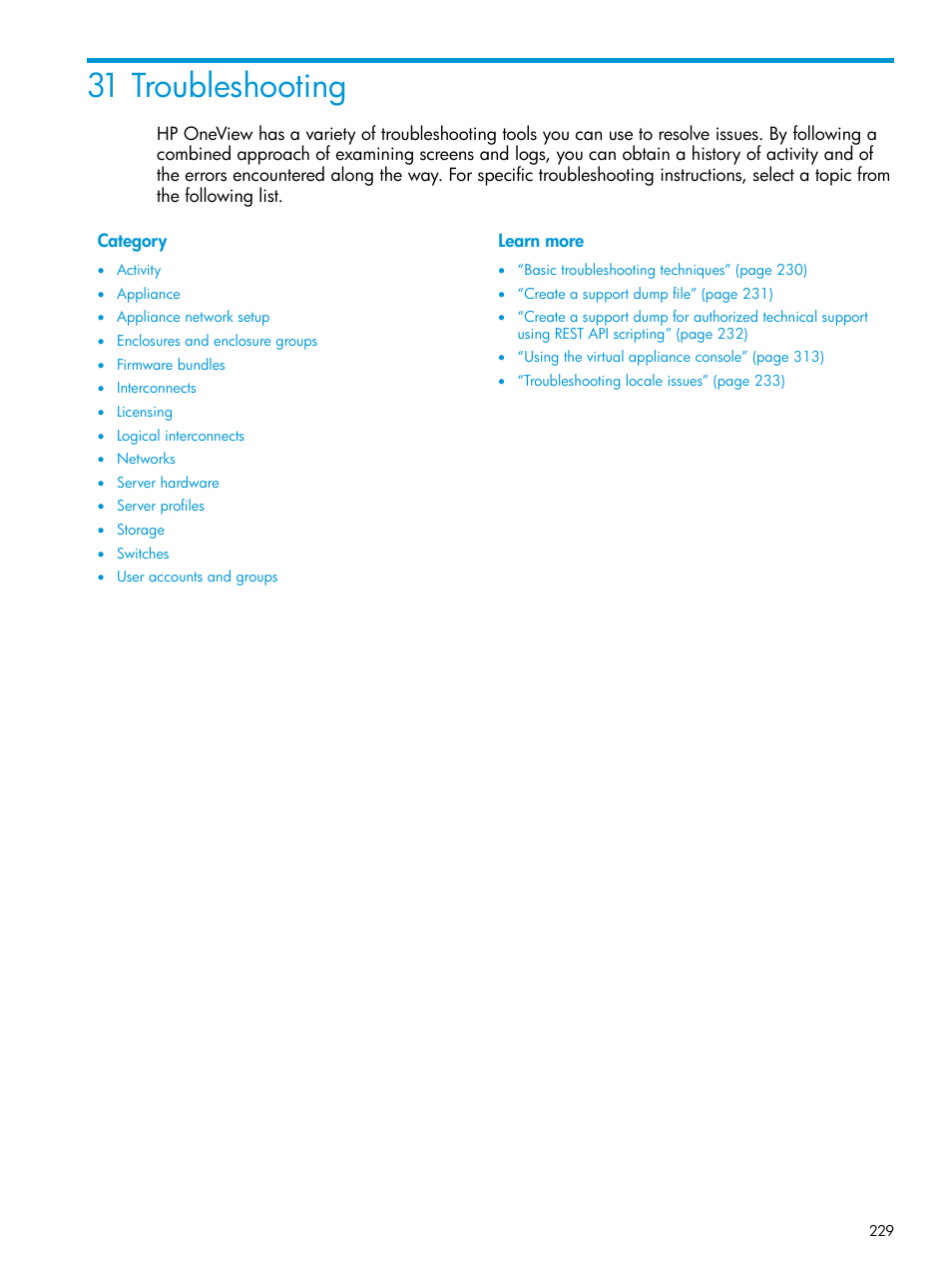 31 troubleshooting | HP OneView User Manual | Page 229 / 344