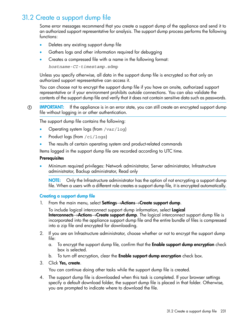 2 create a support dump file, Create a support dump file, Support dump | HP OneView User Manual | Page 231 / 344