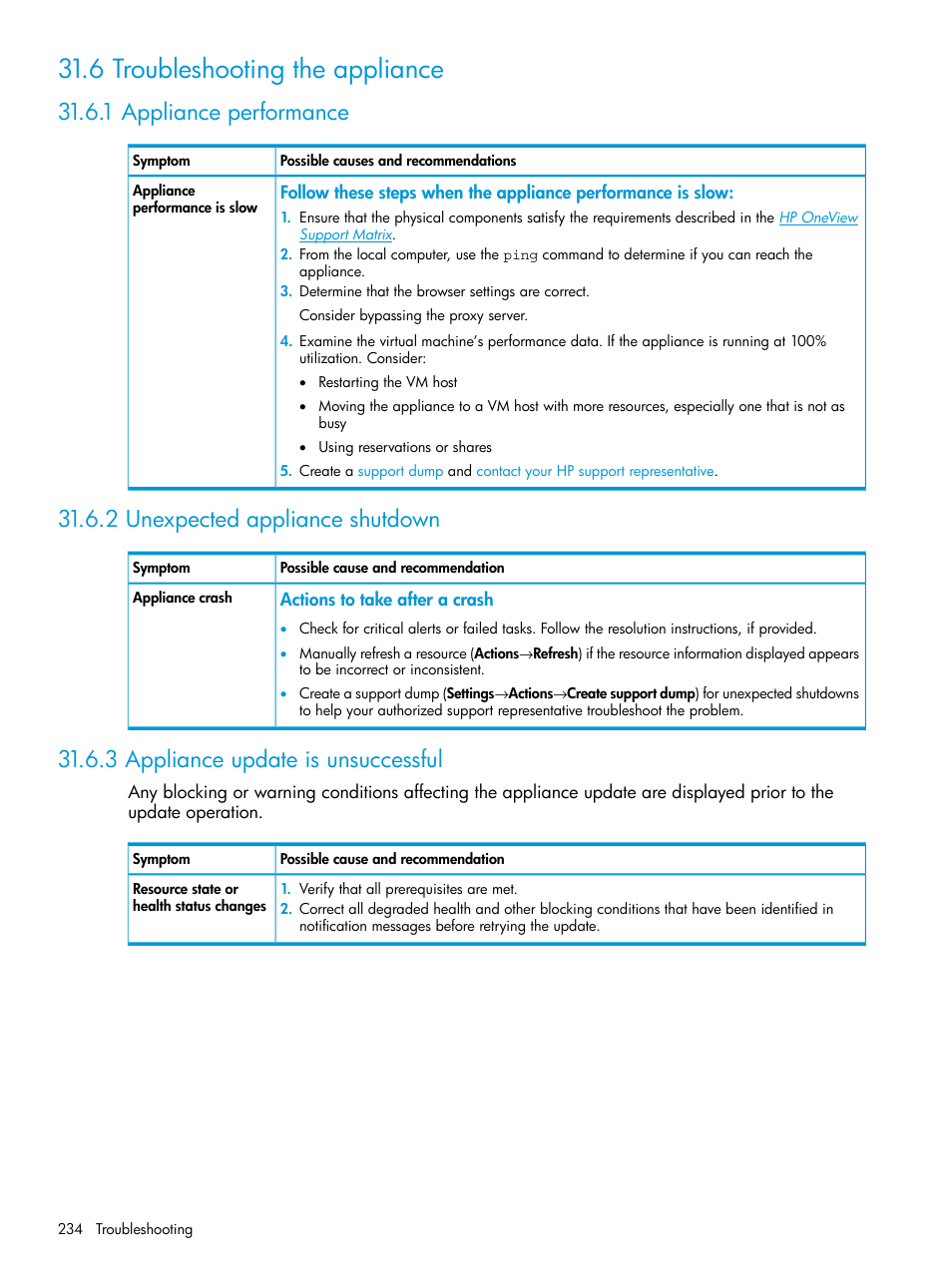 6 troubleshooting the appliance, 1 appliance performance, 2 unexpected appliance shutdown | 3 appliance update is unsuccessful, Appliance | HP OneView User Manual | Page 234 / 344