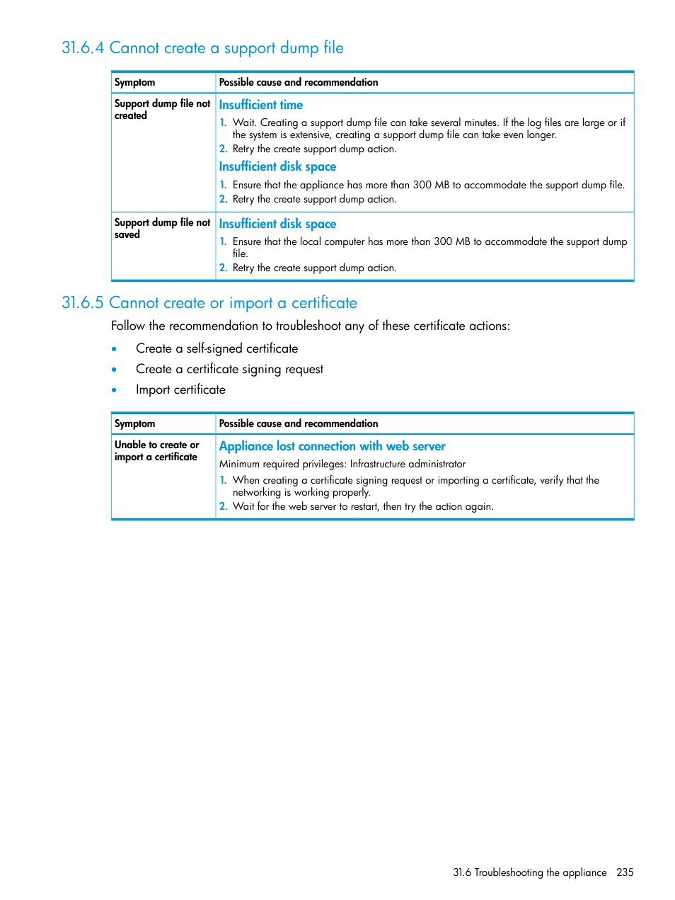 4 cannot create a support dump file, 5 cannot create or import a certificate | HP OneView User Manual | Page 235 / 344