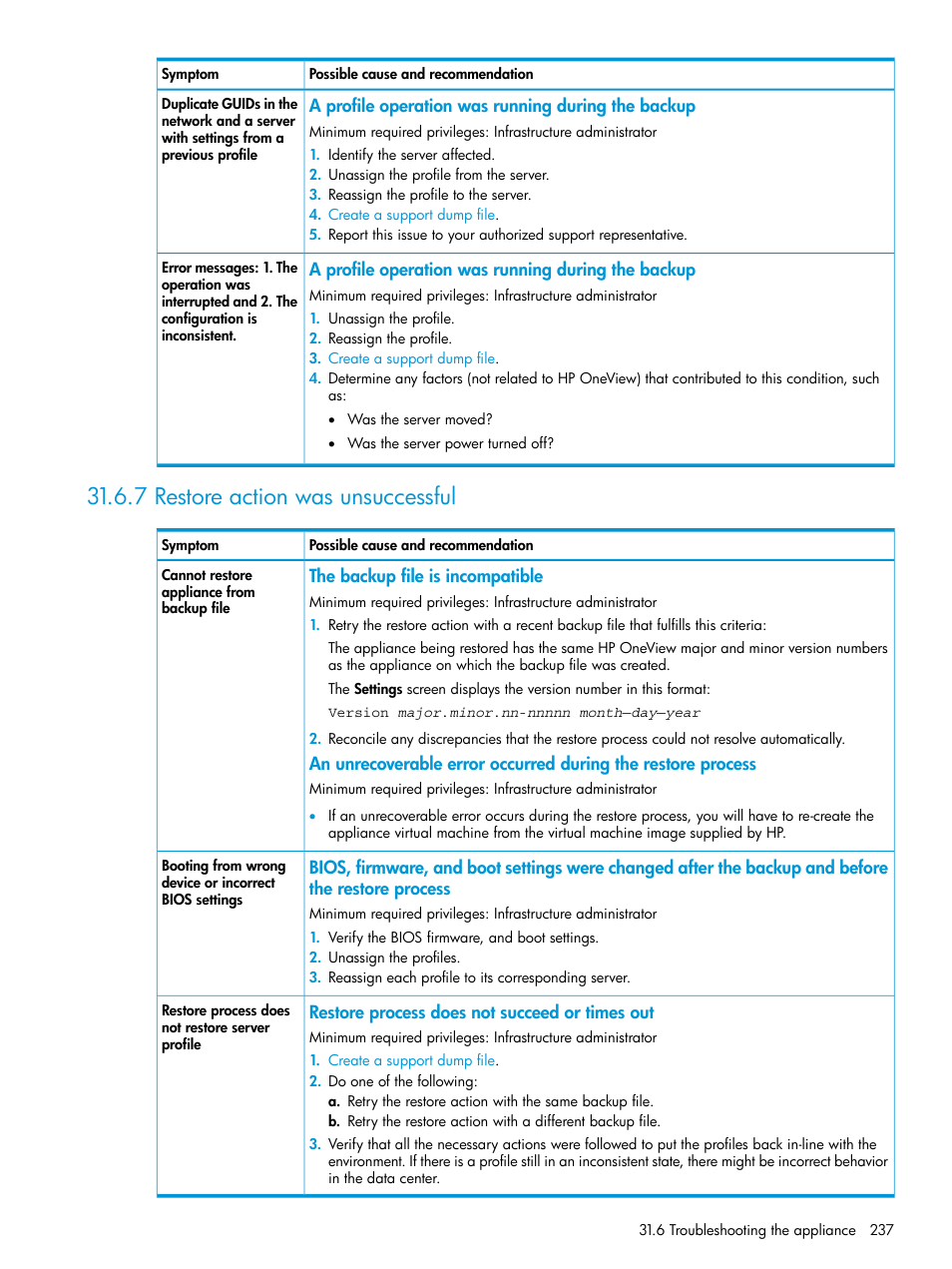 7 restore action was unsuccessful | HP OneView User Manual | Page 237 / 344