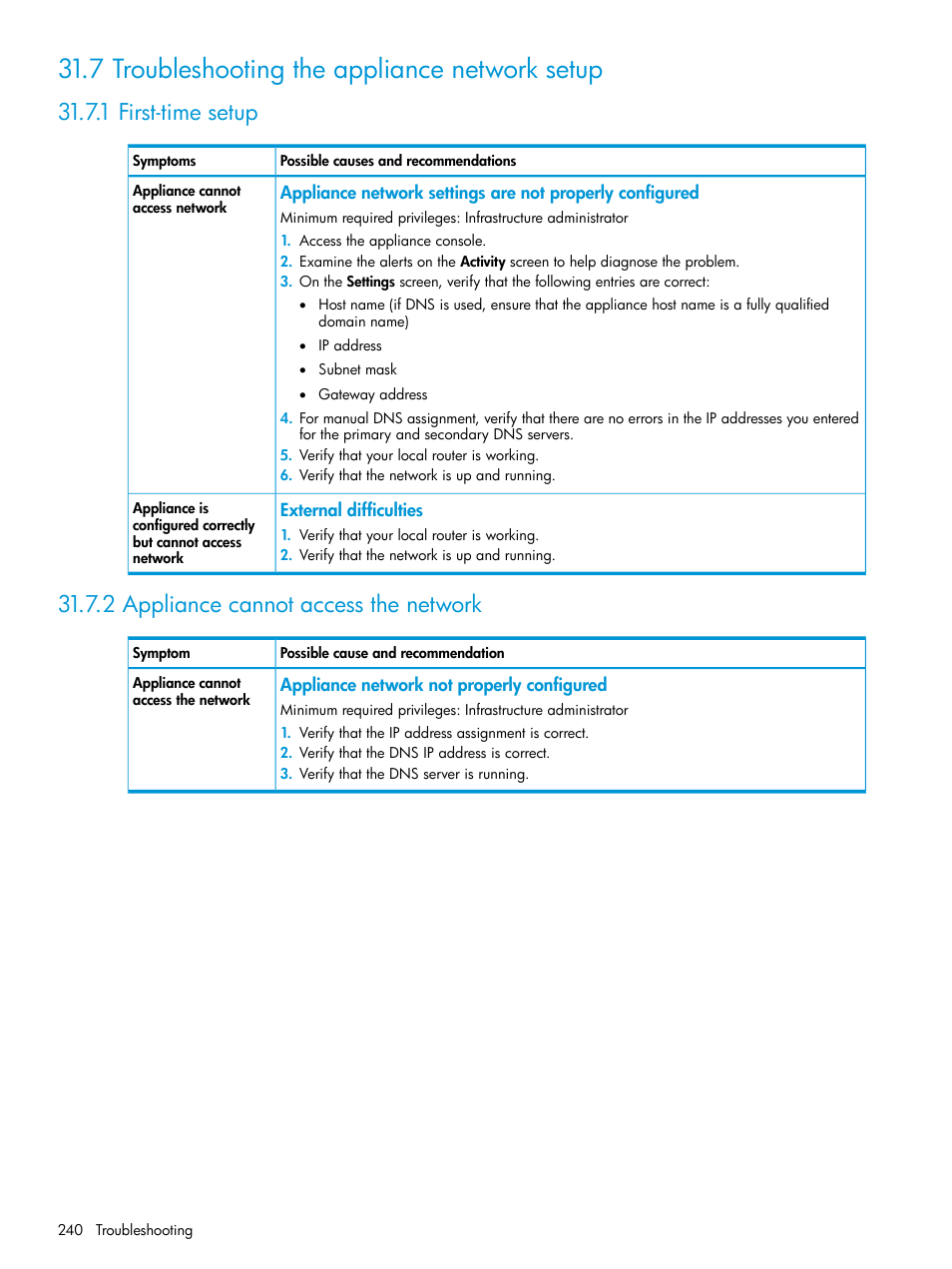 7 troubleshooting the appliance network setup, 1 first-time setup, 2 appliance cannot access the network | Appliance network setup, Ensure that the appliance is connected, To the network | HP OneView User Manual | Page 240 / 344