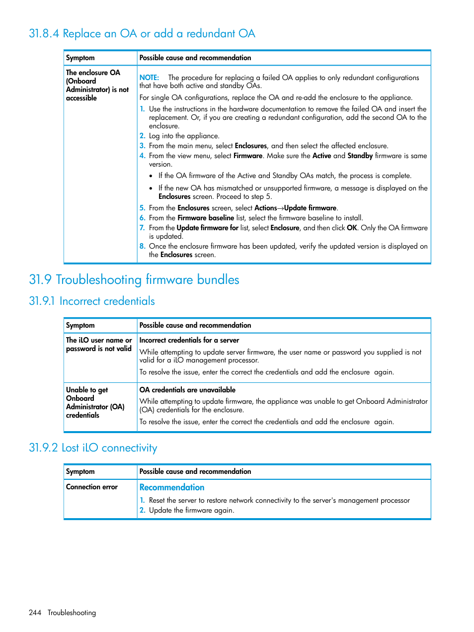 4 replace an oa or add a redundant oa, 9 troubleshooting firmware bundles, 1 incorrect credentials | 2 lost ilo connectivity, Firmware bundles | HP OneView User Manual | Page 244 / 344
