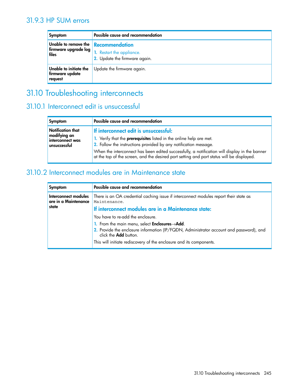 3 hp sum errors, 10 troubleshooting interconnects, 1 interconnect edit is unsuccessful | 2 interconnect modules are in maintenance state, Interconnects | HP OneView User Manual | Page 245 / 344