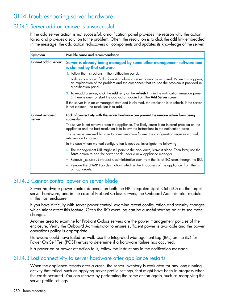 14 troubleshooting server hardware, 1 server add or remove is unsuccessful, 2 cannot control power on server blade | Server hardware | HP OneView User Manual | Page 250 / 344