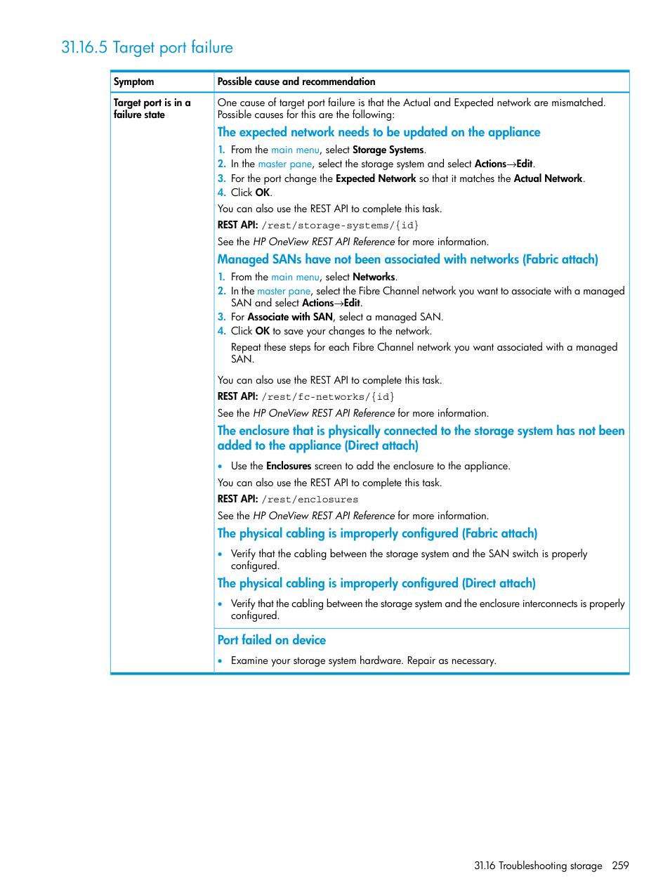 5 target port failure | HP OneView User Manual | Page 259 / 344