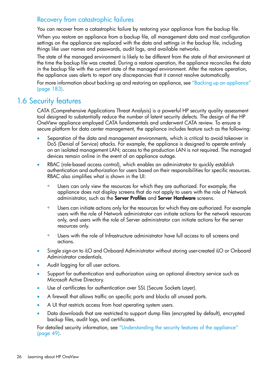 6 security features, Recovery from catastrophic failures | HP OneView User Manual | Page 26 / 344