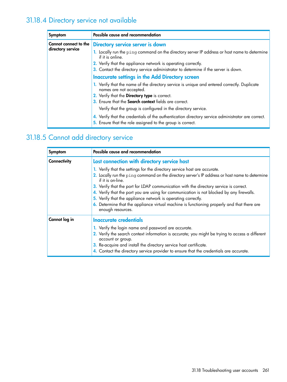 4 directory service not available, 5 cannot add directory service | HP OneView User Manual | Page 261 / 344