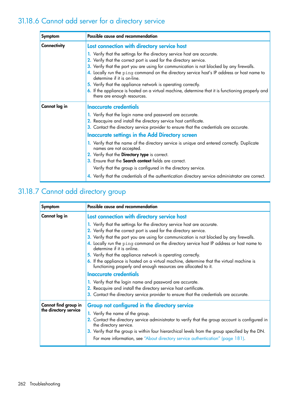 6 cannot add server for a directory service, 7 cannot add directory group | HP OneView User Manual | Page 262 / 344