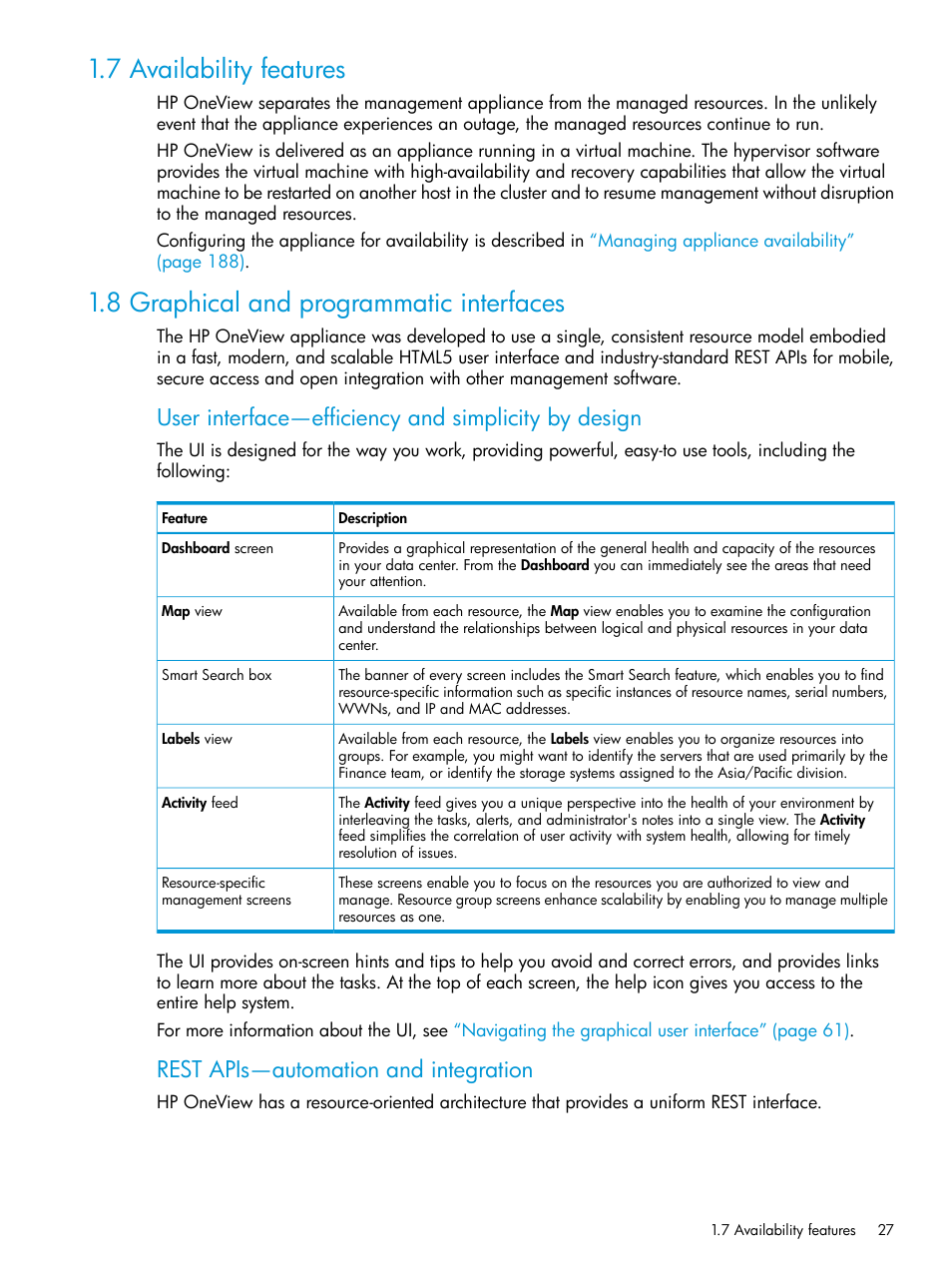 7 availability features, 8 graphical and programmatic interfaces, User interface—efficiency and simplicity by design | Rest apis—automation and integration | HP OneView User Manual | Page 27 / 344