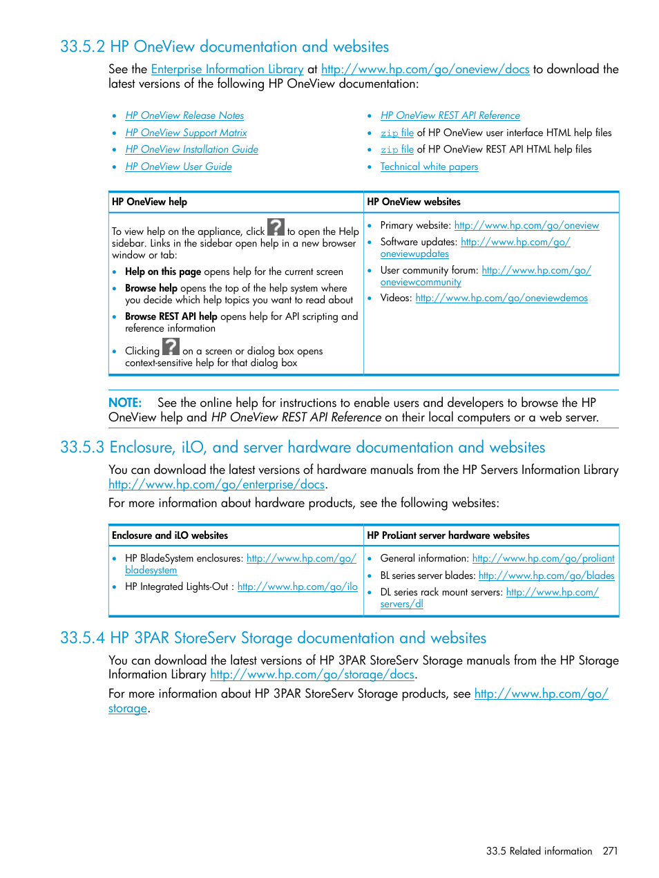 2 hp oneview documentation and websites, Hp 3par storeserv storage documentation and, Enclosure, ilo, and server hardware documentation | HP OneView User Manual | Page 271 / 344