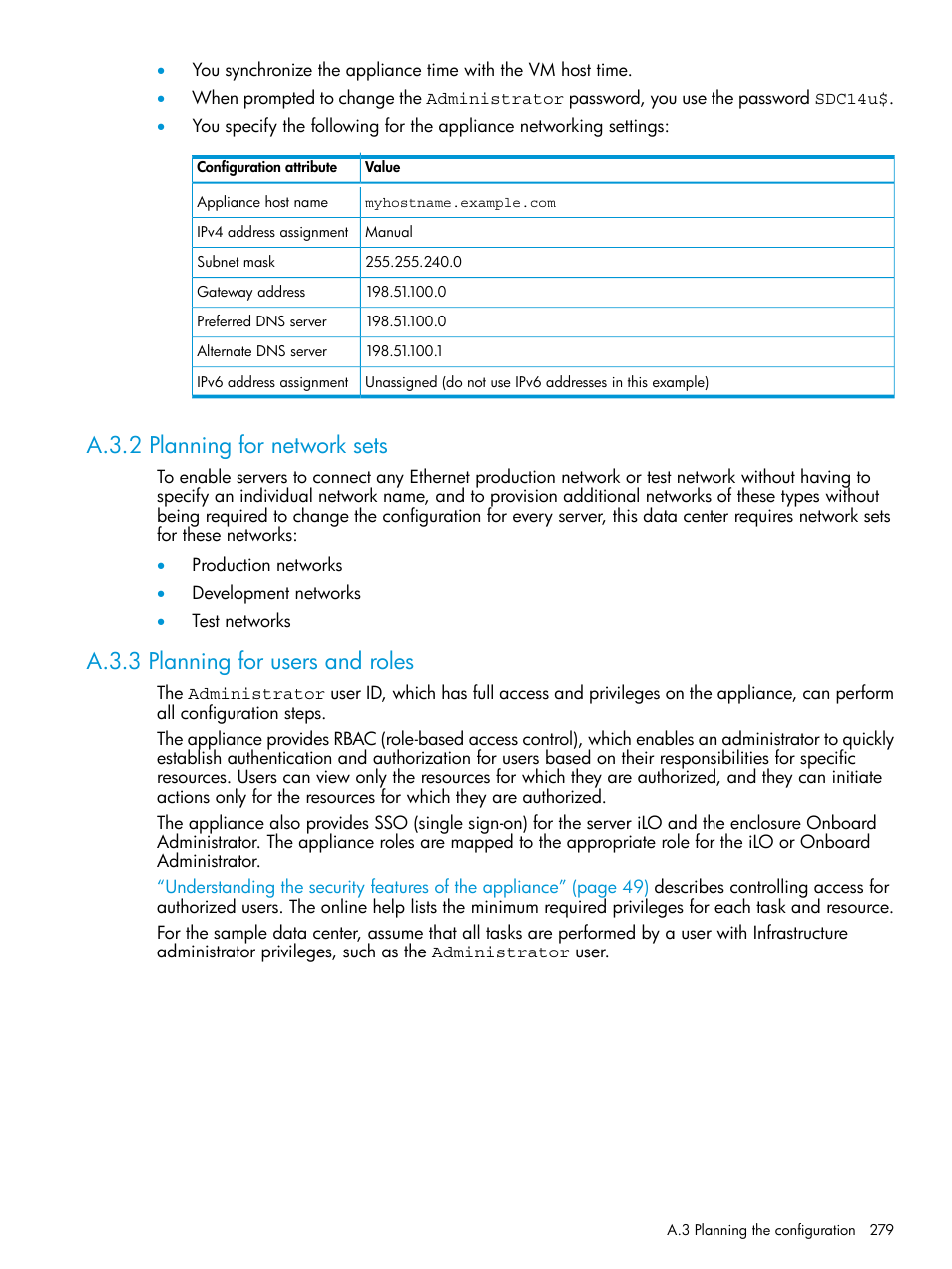 A.3.2 planning for network sets, A.3.3 planning for users and roles | HP OneView User Manual | Page 279 / 344