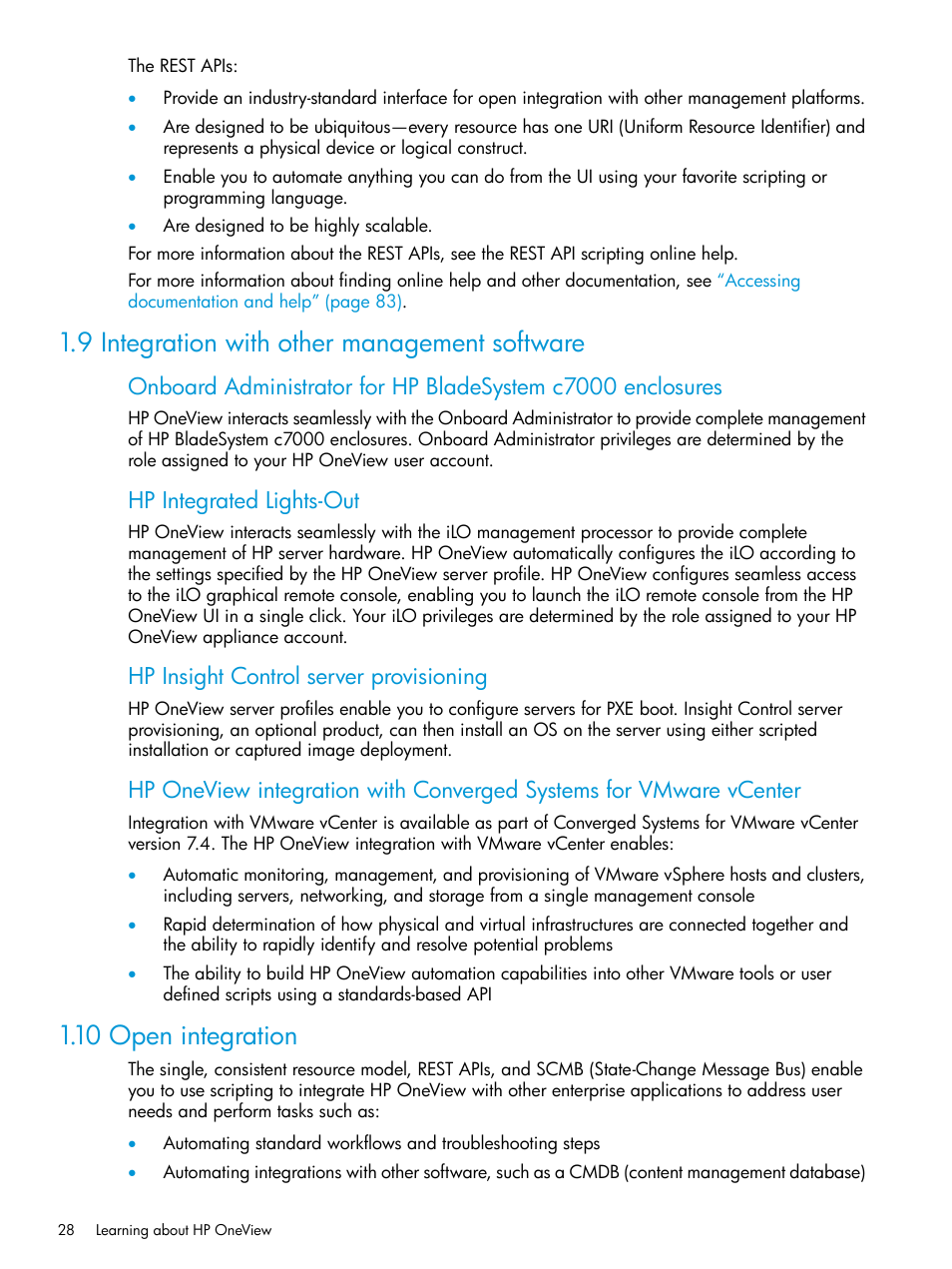 9 integration with other management software, 10 open integration, Hp integrated lights-out | Hp insight control server provisioning | HP OneView User Manual | Page 28 / 344