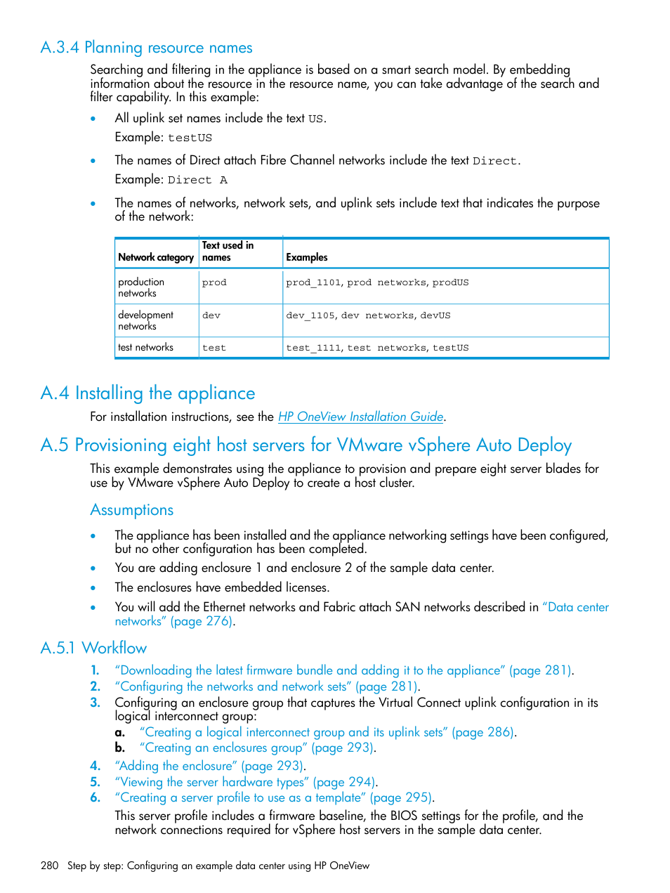 A.3.4 planning resource names, A.4 installing the appliance, A.5.1 workflow | Provisioning eight host servers for, Assumptions | HP OneView User Manual | Page 280 / 344