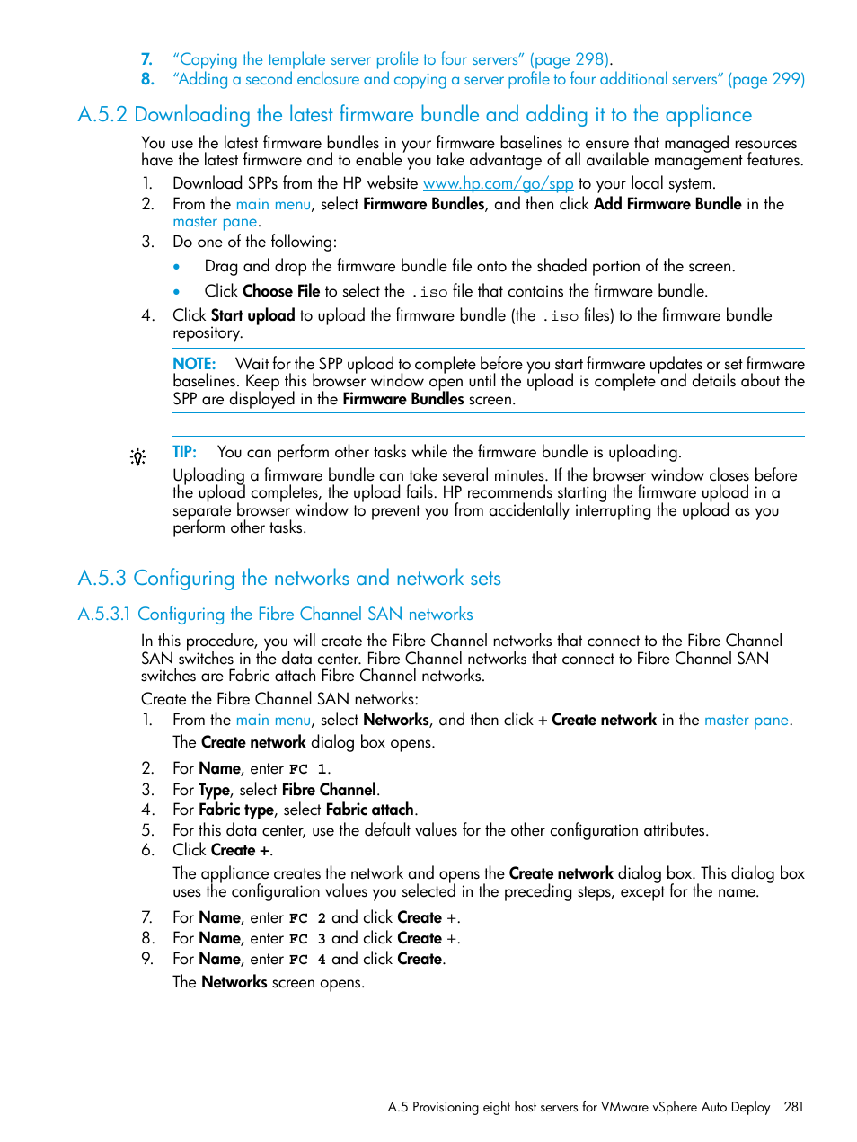 A.5.3 configuring the networks and network sets, A.5.3.1 configuring the fibre channel san networks | HP OneView User Manual | Page 281 / 344