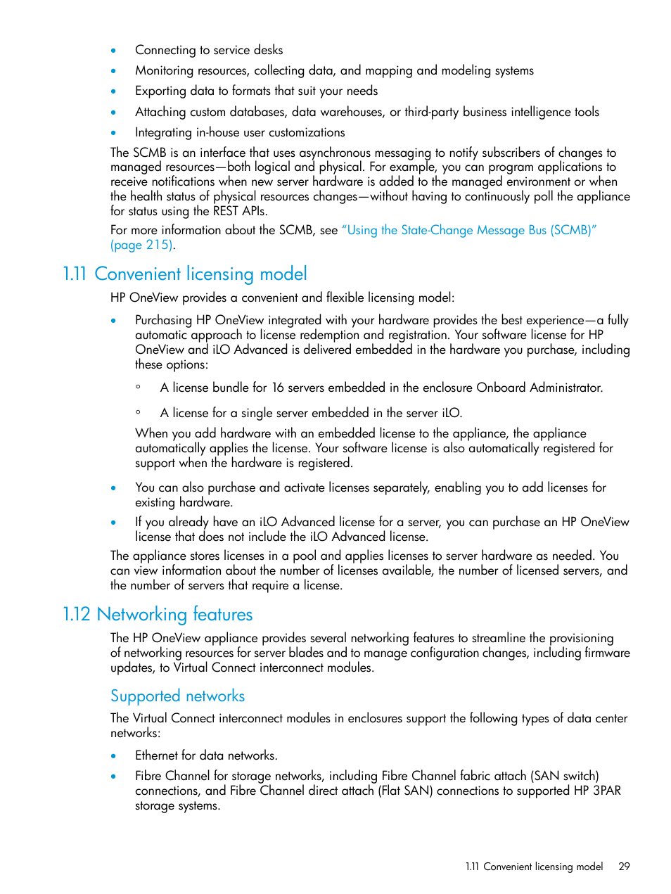 11 convenient licensing model, 12 networking features, Supported networks | HP OneView User Manual | Page 29 / 344