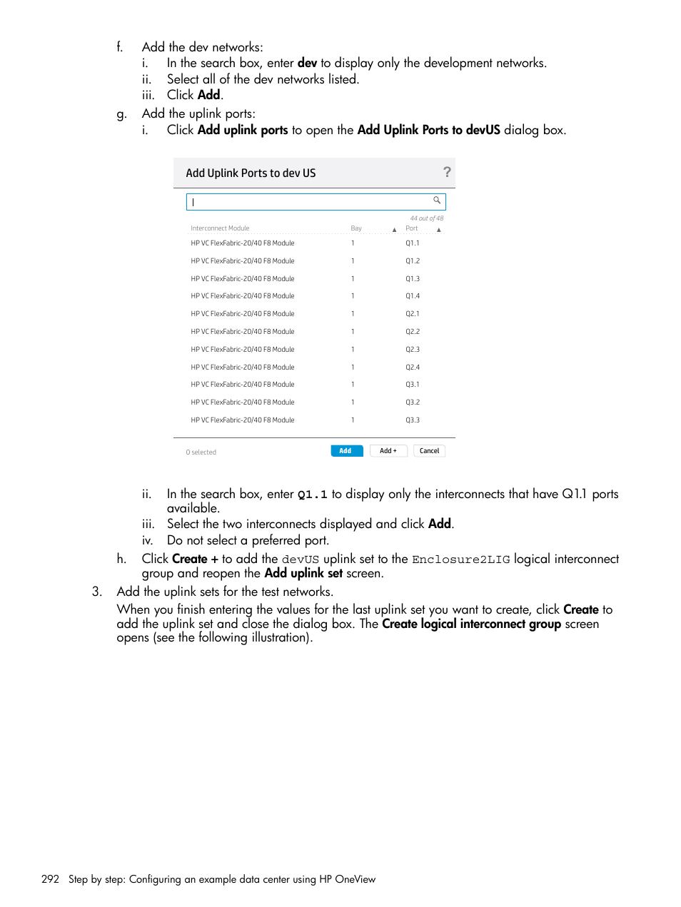 Add uplink ports to dev us | HP OneView User Manual | Page 292 / 344