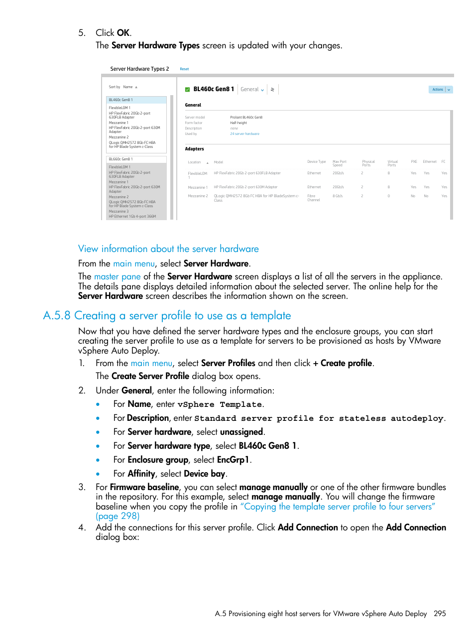 Creating a server profile to use as a template, View information about the server hardware | HP OneView User Manual | Page 295 / 344