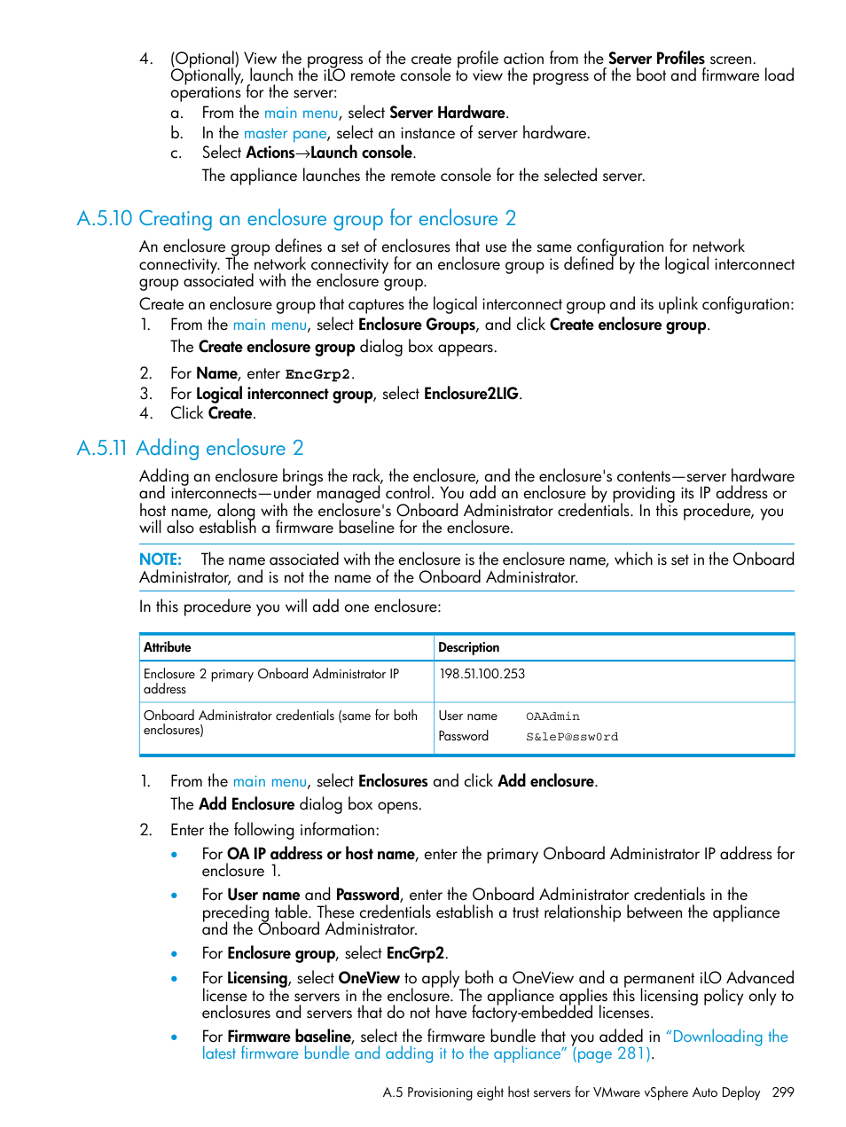 A.5.10 creating an enclosure group for enclosure 2, A.5.11 adding enclosure 2 | HP OneView User Manual | Page 299 / 344