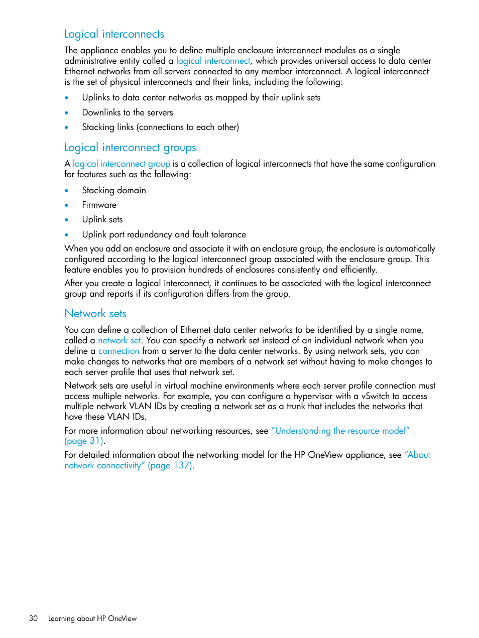 Logical interconnects, Logical interconnect groups, Network sets | HP OneView User Manual | Page 30 / 344