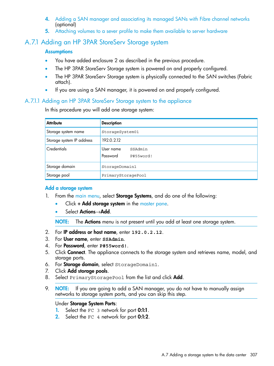 A.7.1 adding an hp 3par storeserv storage system | HP OneView User Manual | Page 307 / 344