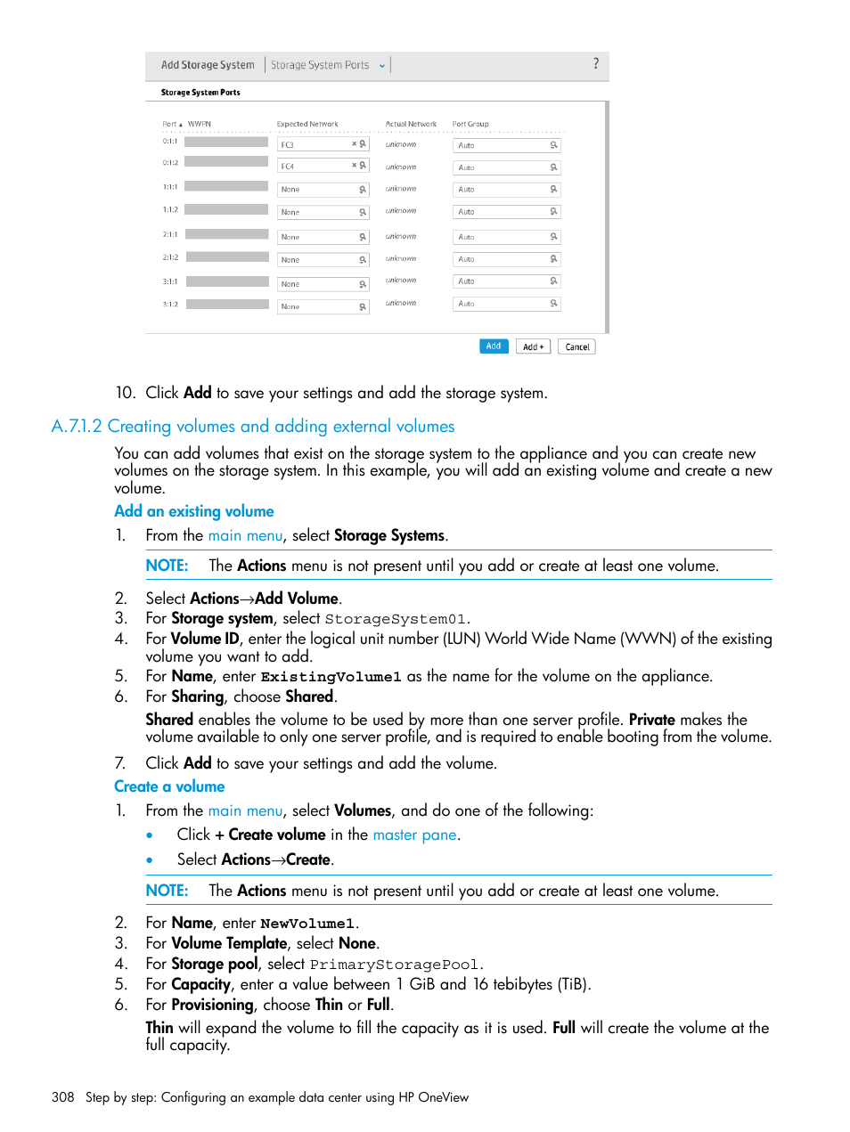 Creating volumes and adding external volumes | HP OneView User Manual | Page 308 / 344