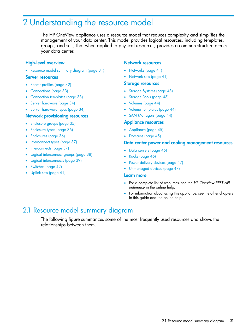 2 understanding the resource model, 1 resource model summary diagram, Understanding the resource | Understanding, Understanding the resource model | HP OneView User Manual | Page 31 / 344