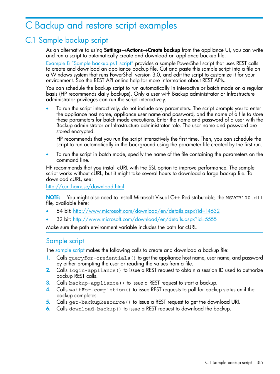 C backup and restore script examples, C.1 sample backup script, Sample script | HP OneView User Manual | Page 315 / 344