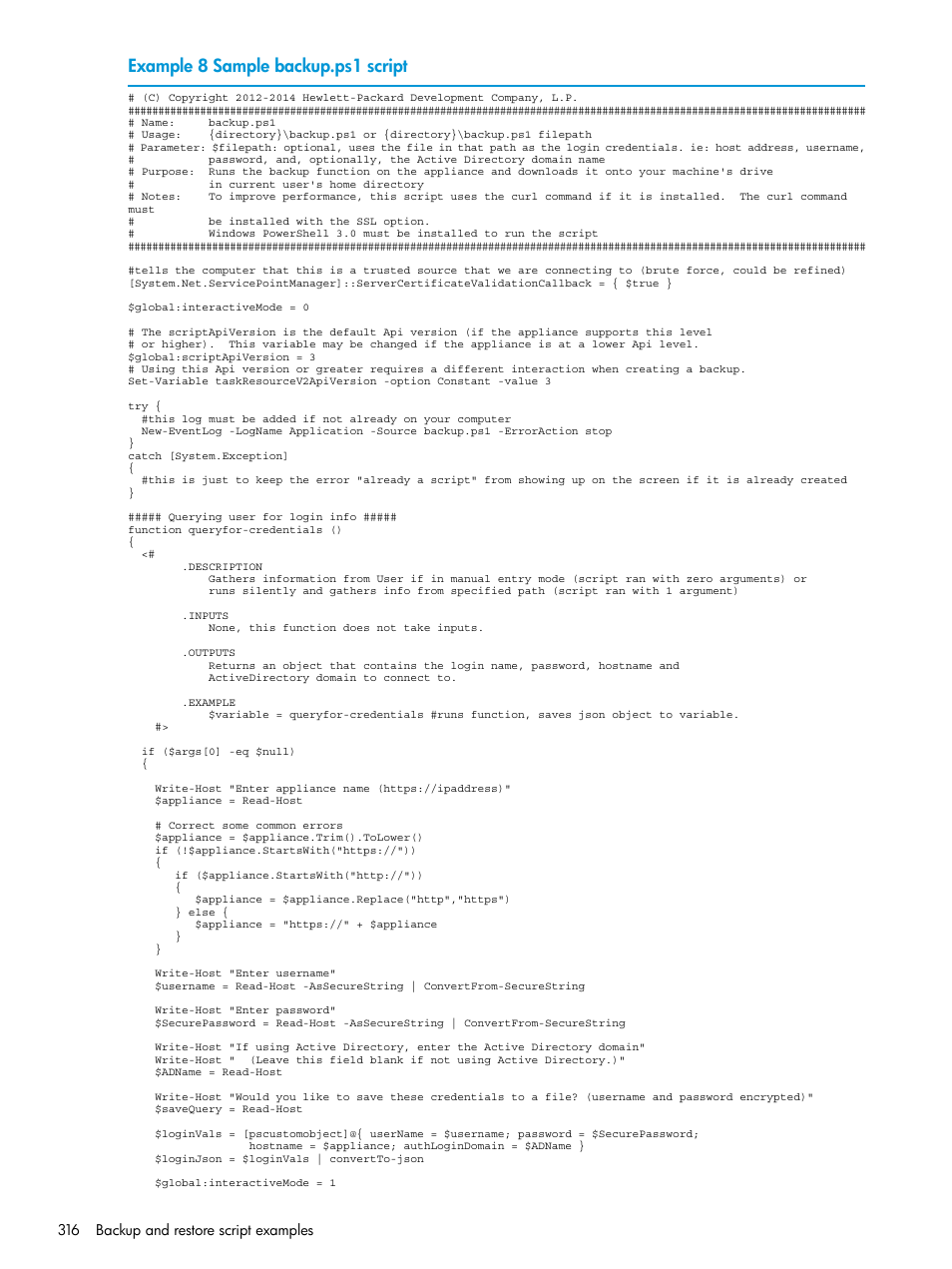 Example 8 sample backup.ps1 script | HP OneView User Manual | Page 316 / 344