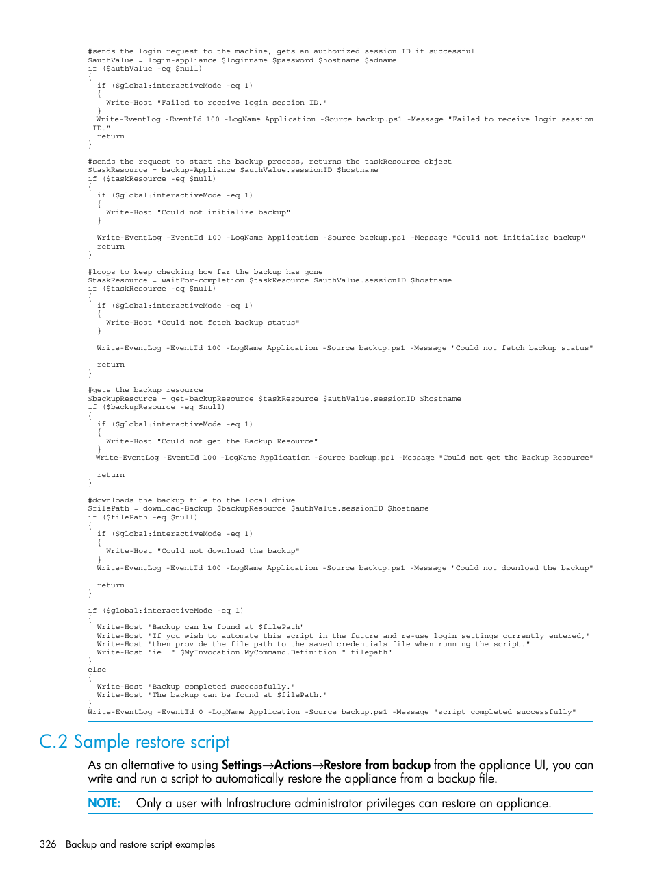 C.2 sample restore script | HP OneView User Manual | Page 326 / 344