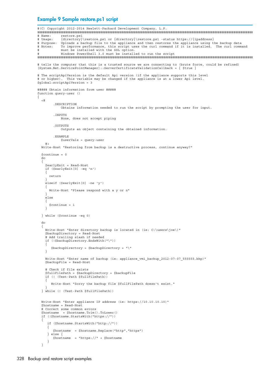 Example 9 sample restore.ps1 script | HP OneView User Manual | Page 328 / 344
