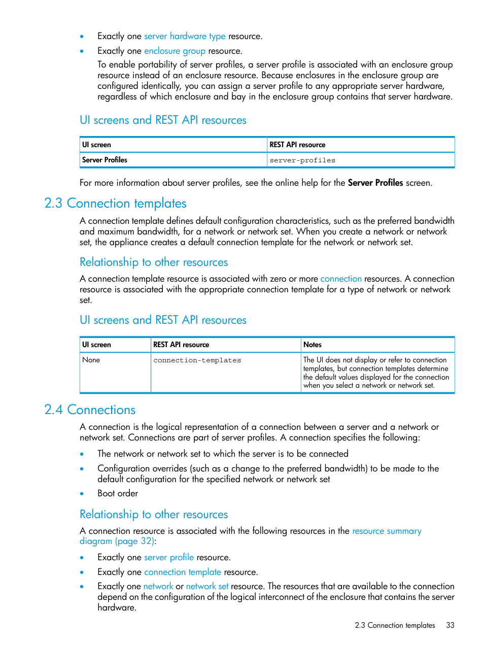 3 connection templates, 4 connections, 3 connection templates 2.4 connections | Connection, Ui screens and rest api resources, Relationship to other resources | HP OneView User Manual | Page 33 / 344