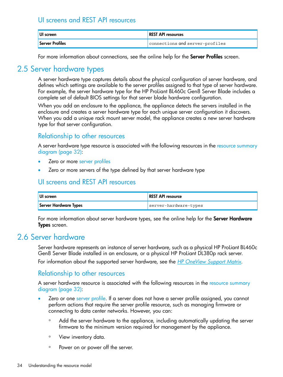 5 server hardware types, 6 server hardware, 5 server hardware types 2.6 server hardware | Server hardware, Server hardware type, Ui screens and rest api resources, Relationship to other resources | HP OneView User Manual | Page 34 / 344