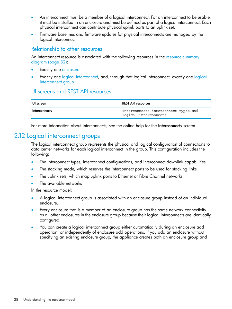 12 logical interconnect groups, Logical interconnect group, Relationship to other resources | Ui screens and rest api resources | HP OneView User Manual | Page 38 / 344