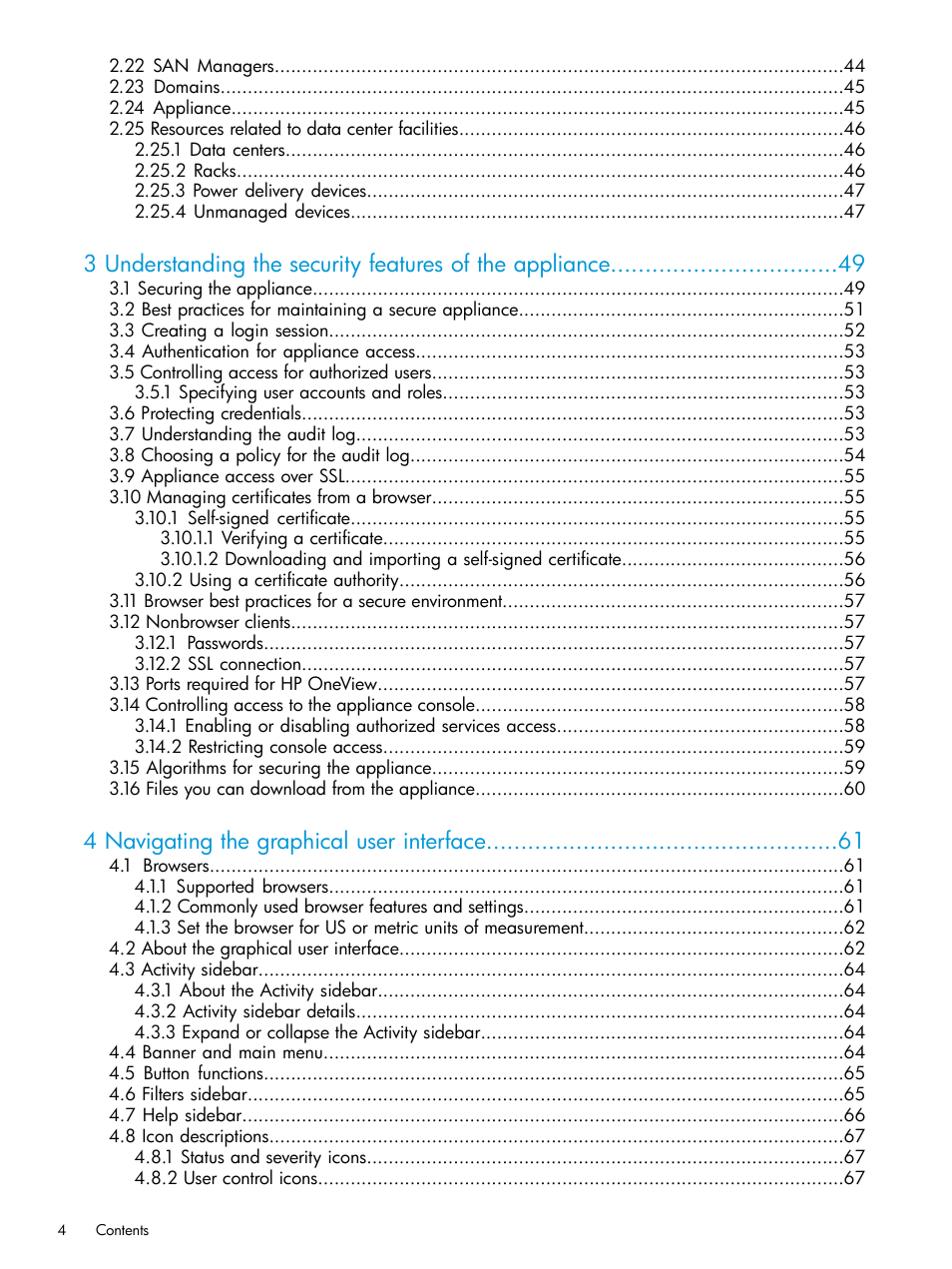 4 navigating the graphical user interface | HP OneView User Manual | Page 4 / 344