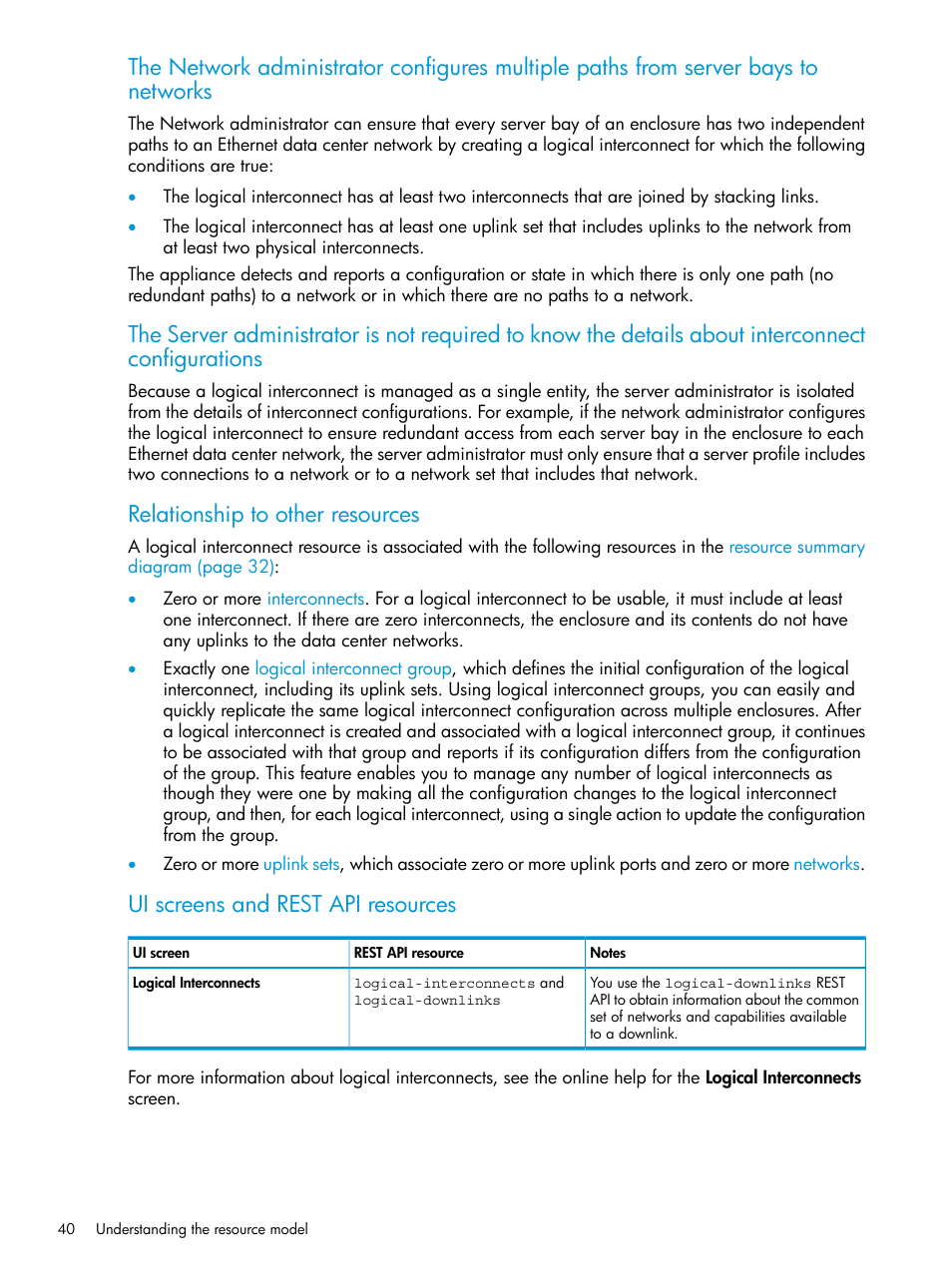 Relationship to other resources, Ui screens and rest api resources | HP OneView User Manual | Page 40 / 344