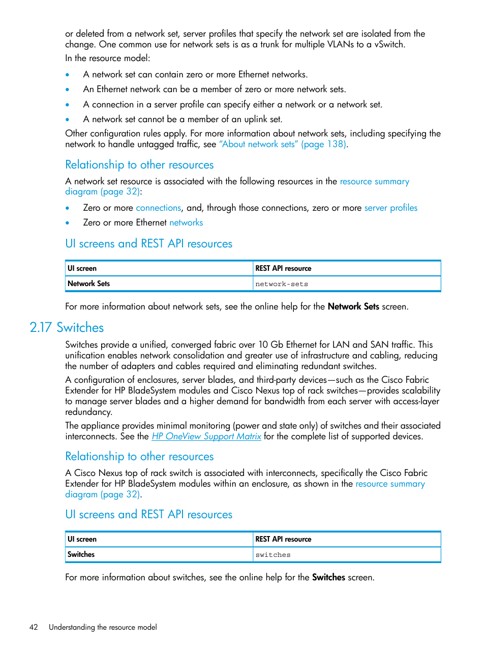 17 switches, Relationship to other resources, Ui screens and rest api resources | HP OneView User Manual | Page 42 / 344