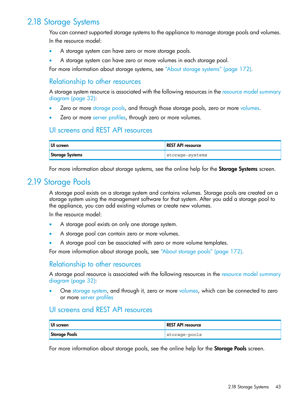 18 storage systems, 19 storage pools, 18 storage systems 2.19 storage pools | Relationship to other resources, Ui screens and rest api resources | HP OneView User Manual | Page 43 / 344