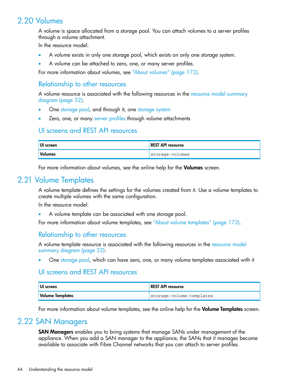 20 volumes, 21 volume templates, 22 san managers | 20 volumes 2.21 volume templates, Volumes, Relationship to other resources, Ui screens and rest api resources | HP OneView User Manual | Page 44 / 344