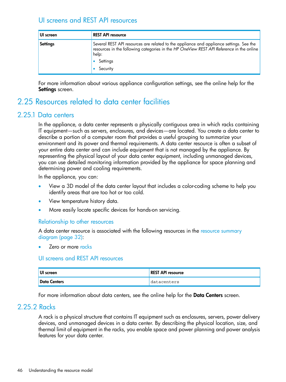 25 resources related to data center facilities, 1 data centers, 2 racks | 1 data centers 2.25.2 racks, Rack, Ui screens and rest api resources | HP OneView User Manual | Page 46 / 344