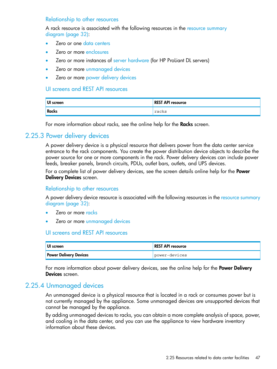 3 power delivery devices, 4 unmanaged devices, 3 power delivery devices 2.25.4 unmanaged devices | Power delivery devices | HP OneView User Manual | Page 47 / 344