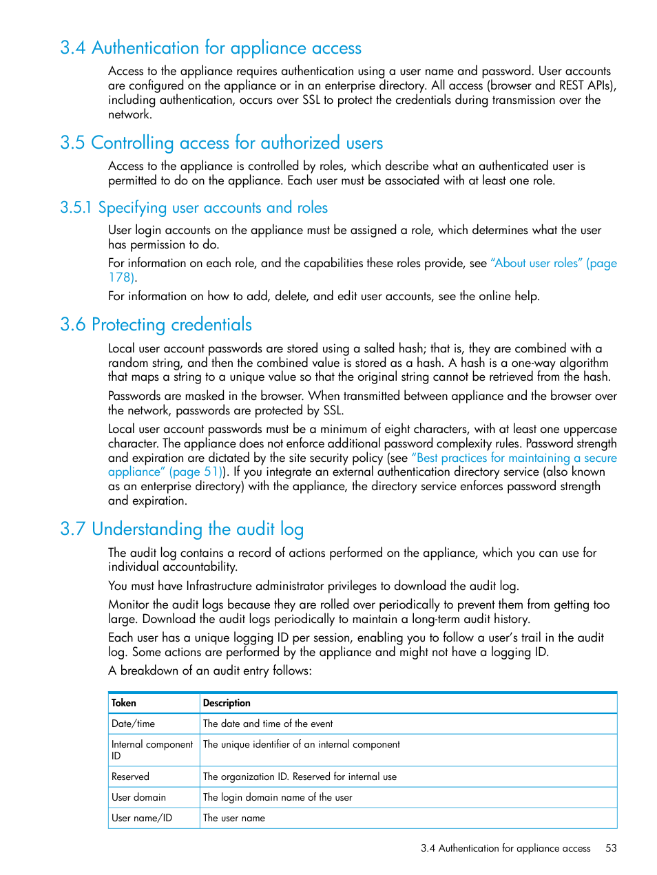 4 authentication for appliance access, 5 controlling access for authorized users, 1 specifying user accounts and roles | 6 protecting credentials, 7 understanding the audit log | HP OneView User Manual | Page 53 / 344