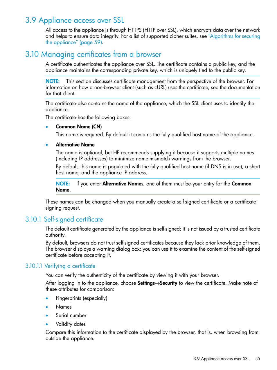 9 appliance access over ssl, 10 managing certificates from a browser, 1 self-signed certificate | 1 verifying a certificate | HP OneView User Manual | Page 55 / 344